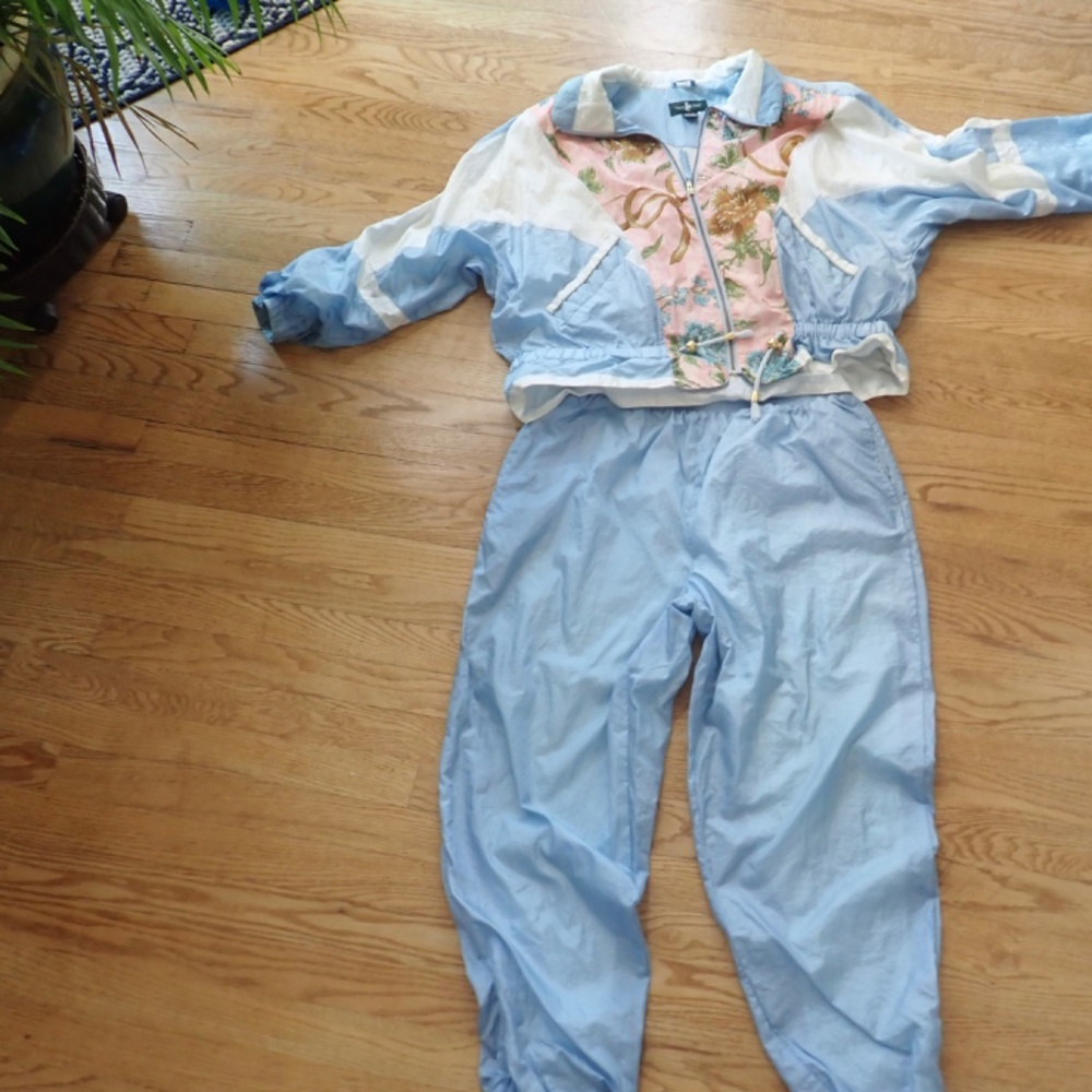 Hunt Club Vtg Silky 2 pc Track Suit Baby Blue Pastel Pink Size Extra Large 80's